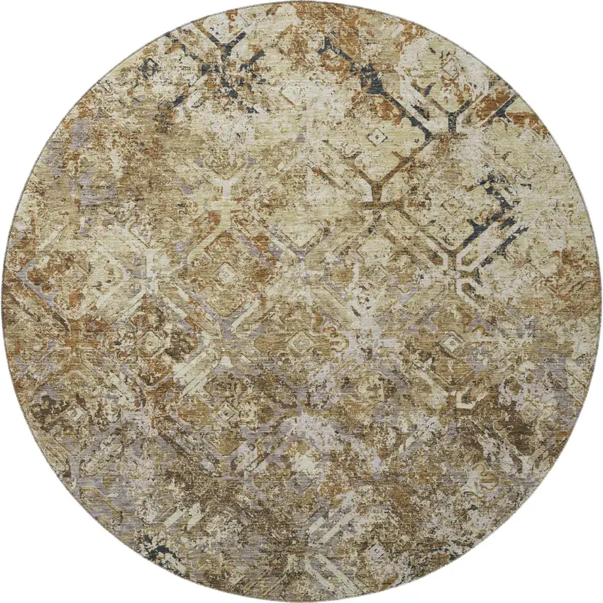 8' Beige Gray And Brown Diamond Washable Round Rug With UV Protection Photo 4