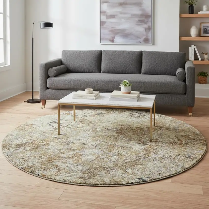 8' Beige Gray And Brown Diamond Washable Round Rug With UV Protection Photo 2