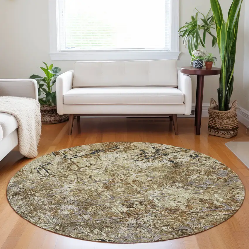 8' Beige Gray And Brown Diamond Washable Round Rug With UV Protection Photo 5