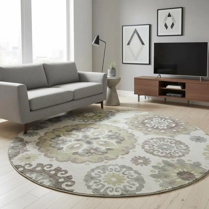 8' Beige Gray And Brown Medallion Washable Round Rug With UV Protection Photo 2