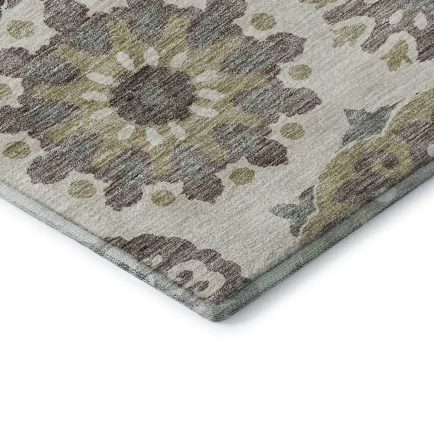 8' Beige Gray And Brown Medallion Washable Round Rug With UV Protection Photo 7