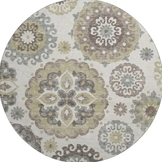 8' Beige Gray And Brown Medallion Washable Round Rug With UV Protection Photo 3