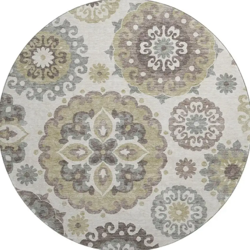 8' Beige Gray And Brown Medallion Washable Round Rug With UV Protection Photo 3