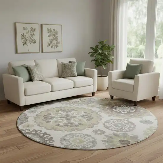 8' Beige Gray And Brown Medallion Washable Round Rug With UV Protection Photo 1