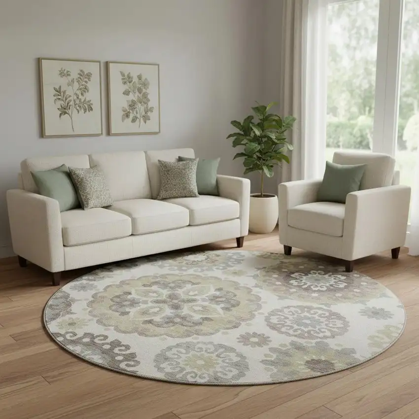 8' Beige Gray And Brown Medallion Washable Round Rug With UV Protection Photo 1