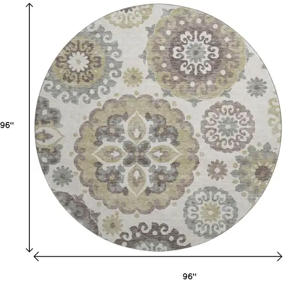 8' Beige Gray And Brown Medallion Washable Round Rug With UV Protection Photo 3
