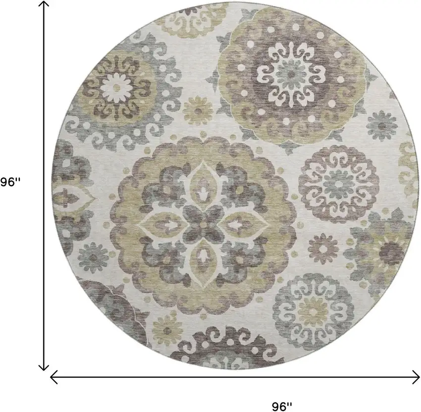 8' Beige Gray And Brown Medallion Washable Round Rug With UV Protection Photo 3