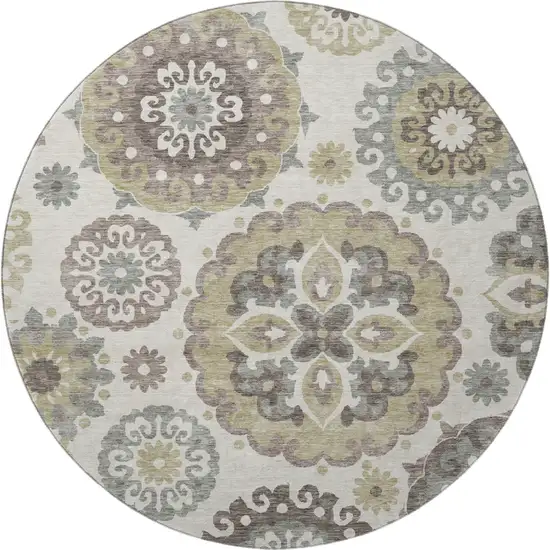 8' Beige Gray And Brown Medallion Washable Round Rug With UV Protection Photo 4