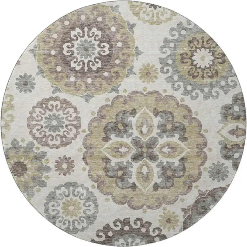 8' Beige Gray And Brown Medallion Washable Round Rug With UV Protection Photo 4