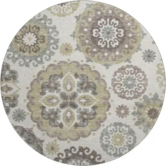 8' Beige Gray And Brown Medallion Washable Round Rug With UV Protection Photo 1