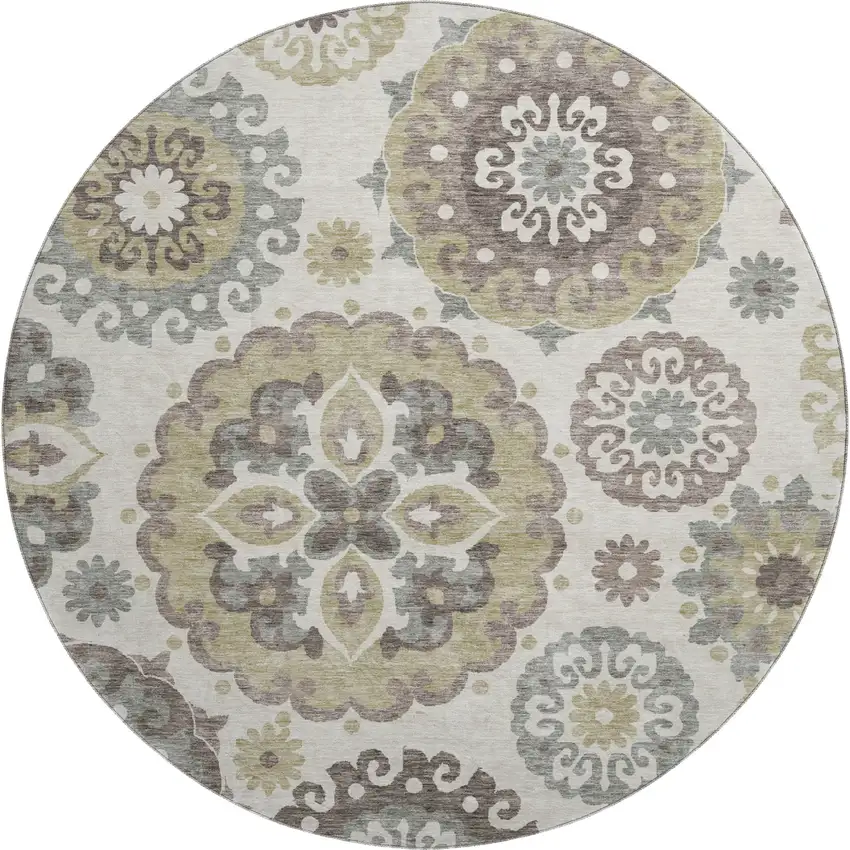 8' Beige Gray And Brown Medallion Washable Round Rug With UV Protection Photo 1
