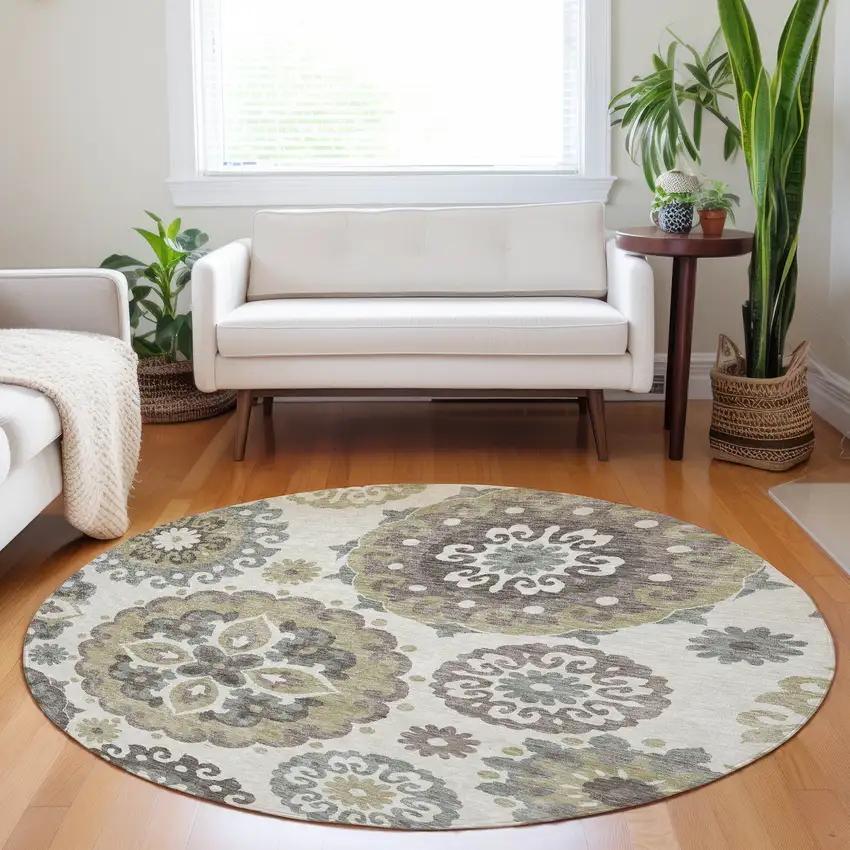 8' Beige Gray And Brown Medallion Washable Round Rug With UV Protection Photo 5