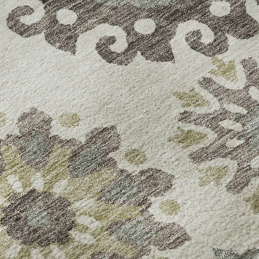 8' Beige Gray And Brown Medallion Washable Round Rug With UV Protection Photo 9