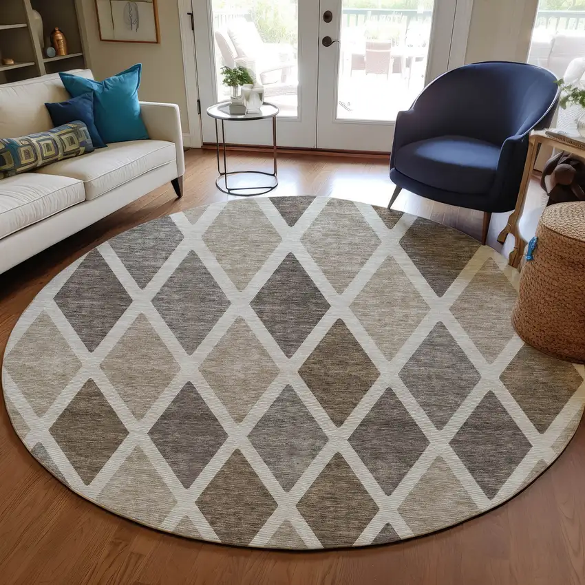 8' Beige Gray And Brown Round Geometric Washable Indoor Outdoor Area Rug Photo 9
