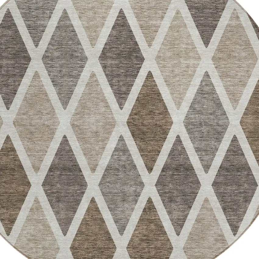 8' Beige Gray And Brown Round Geometric Washable Indoor Outdoor Area Rug Photo 5