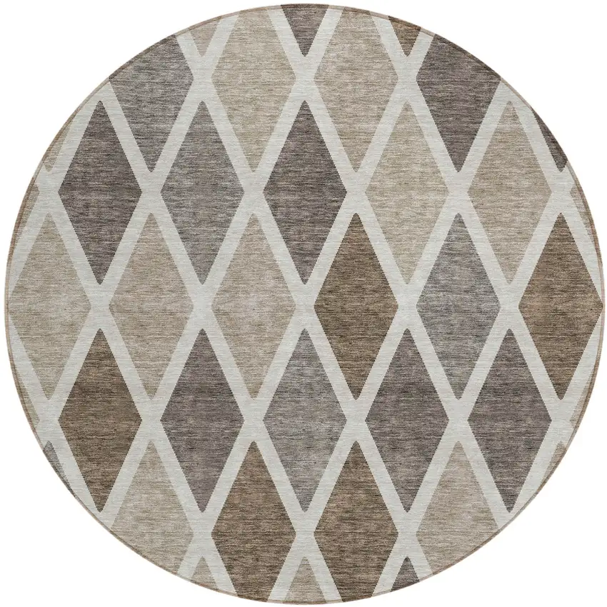 8' Beige Gray And Brown Round Geometric Washable Indoor Outdoor Area Rug Photo 2