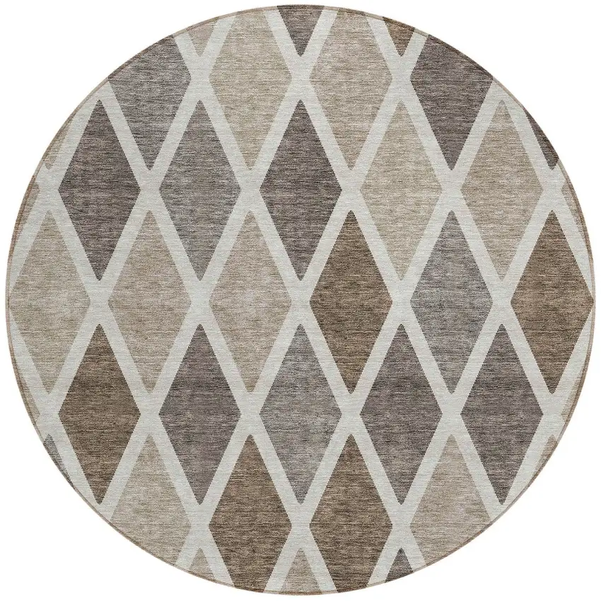 8' Beige Gray And Brown Round Geometric Washable Indoor Outdoor Area Rug Photo 7
