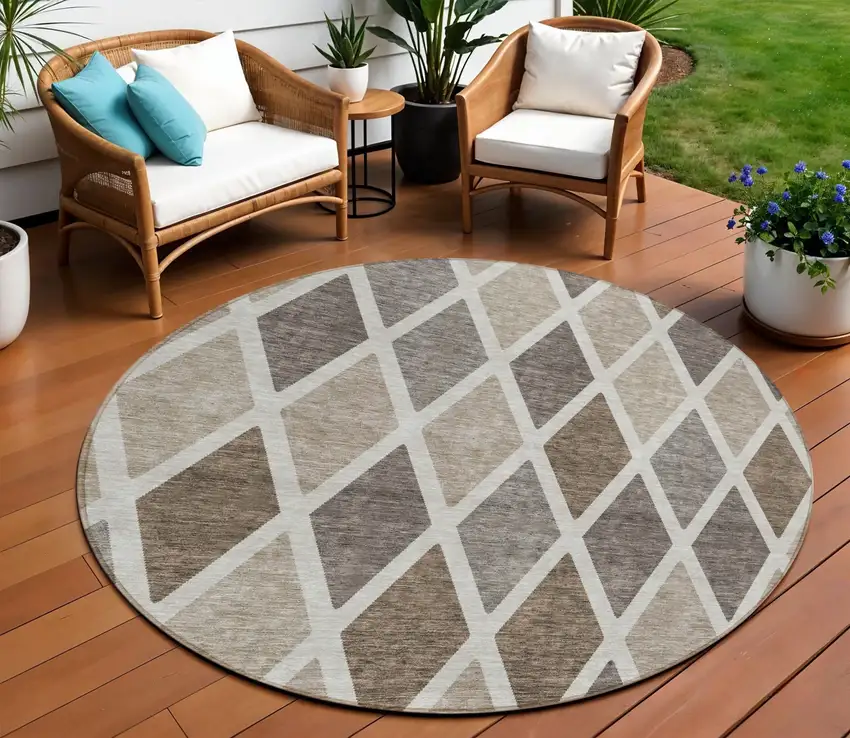 8' Beige Gray And Brown Round Geometric Washable Indoor Outdoor Area Rug Photo 1
