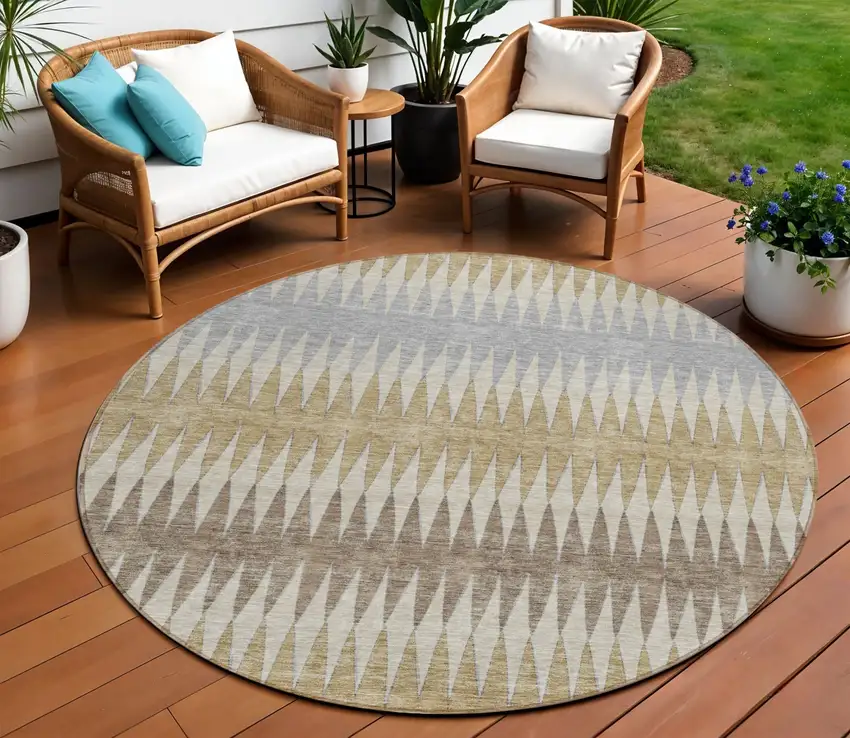 8' Beige Gray And Brown Round Striped Washable Indoor Outdoor Area Rug Photo 1
