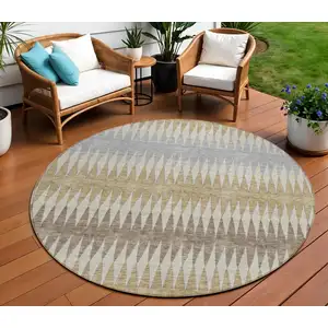 Photo of 8' Beige Gray And Brown Round Striped Washable Indoor Outdoor Area Rug