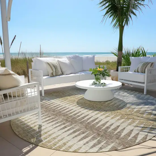 8' Beige Gray And Brown Round Striped Washable Indoor Outdoor Area Rug Photo 6