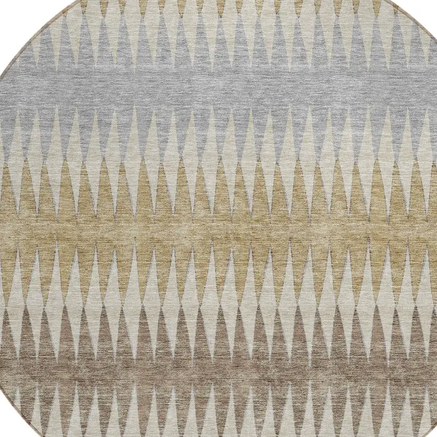 8' Beige Gray And Brown Round Striped Washable Indoor Outdoor Area Rug Photo 4