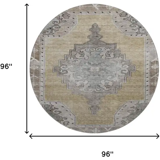 8' Beige Gray And Charcoal Oriental Washable Round Rug With UV Protection Photo 9