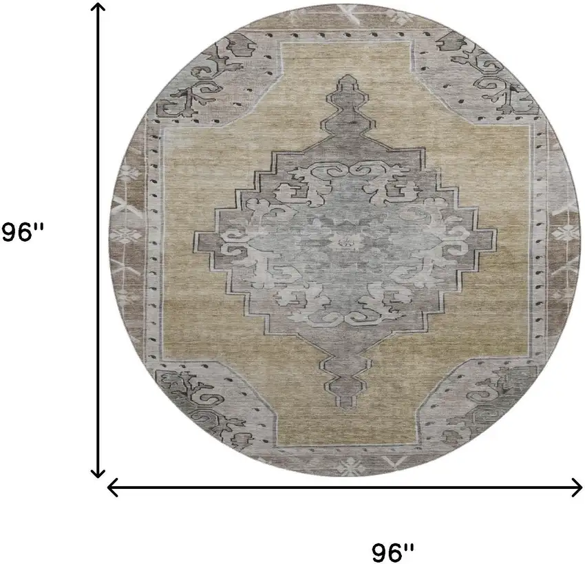 8' Beige Gray And Charcoal Oriental Washable Round Rug With UV Protection Photo 9