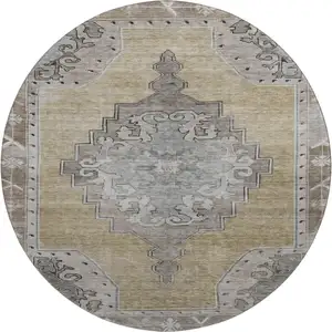 Photo of 8' Beige Gray And Charcoal Oriental Washable Round Rug With UV Protection