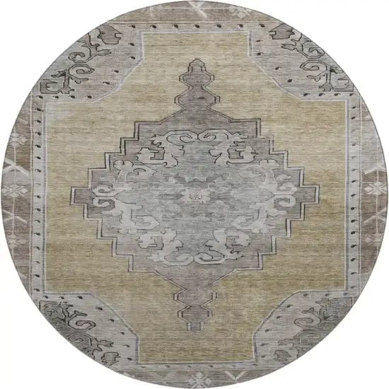 8' Beige Gray And Charcoal Oriental Washable Round Rug With UV Protection Photo 1