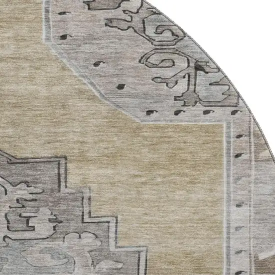 8' Beige Gray And Charcoal Oriental Washable Round Rug With UV Protection Photo 2