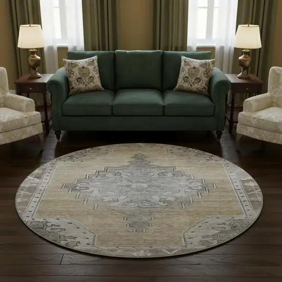 8' Beige Gray And Charcoal Oriental Washable Round Rug With UV Protection Photo 2