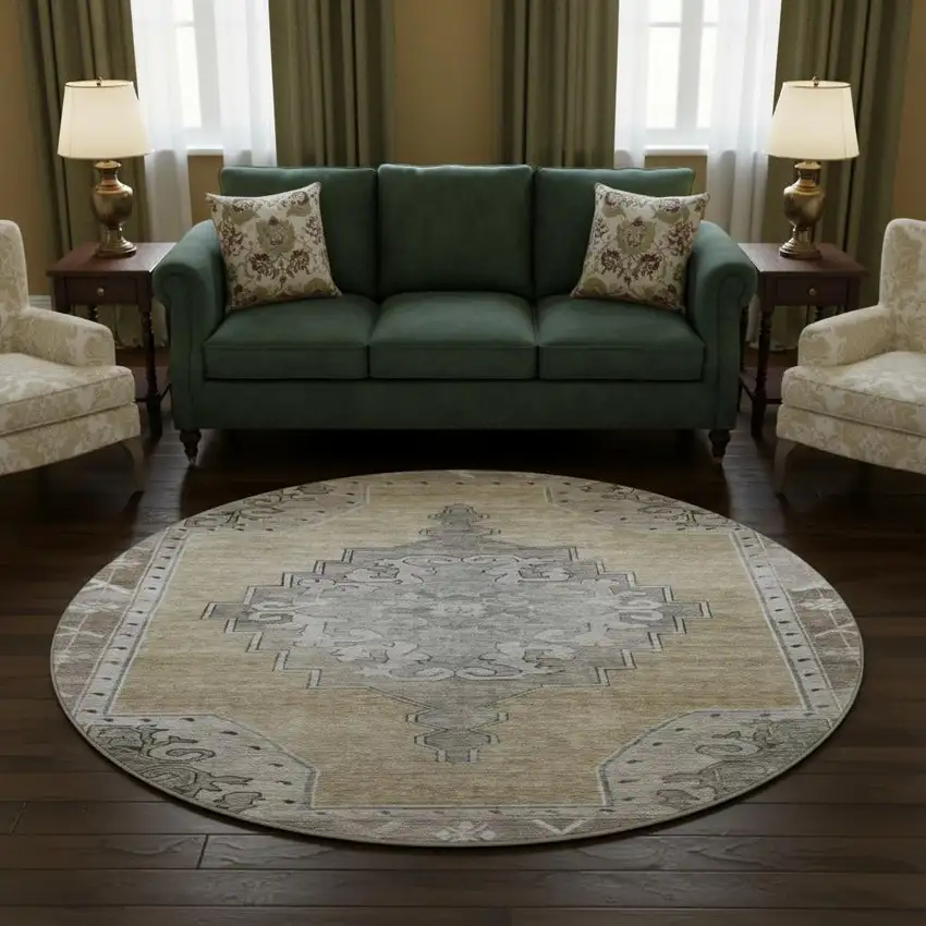 8' Beige Gray And Charcoal Oriental Washable Round Rug With UV Protection Photo 2
