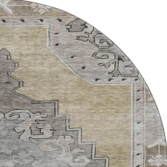 8' Beige Gray And Charcoal Oriental Washable Round Rug With UV Protection Photo 3