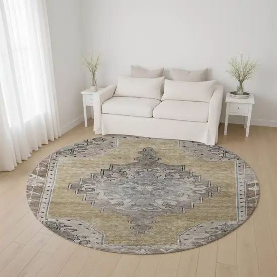 8' Beige Gray And Charcoal Oriental Washable Round Rug With UV Protection Photo 4
