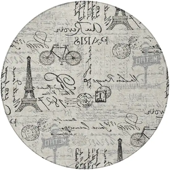 8' Beige Gray And Charcoal Round Toile Washable Indoor Outdoor Area Rug Photo 4