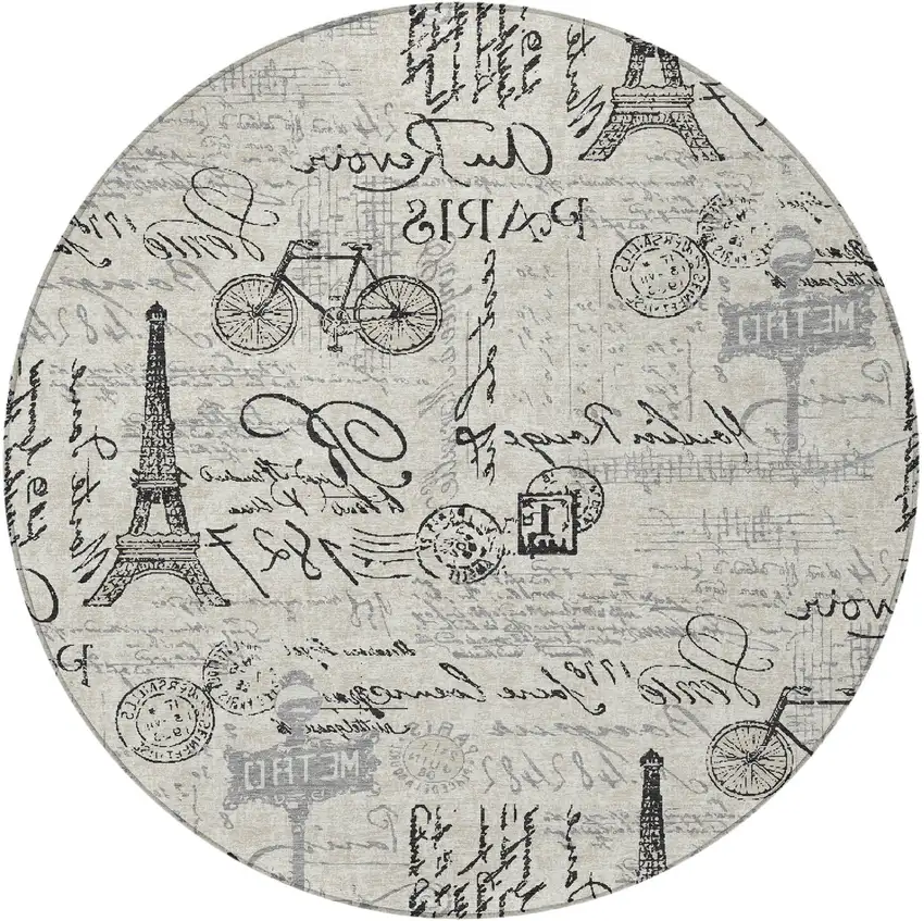 8' Beige Gray And Charcoal Round Toile Washable Indoor Outdoor Area Rug Photo 4