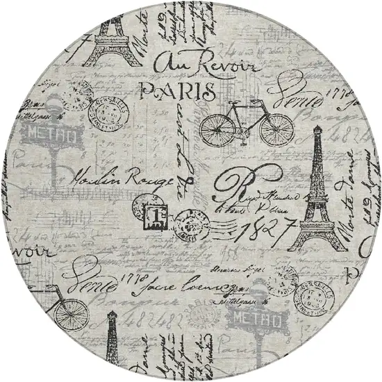 8' Beige Gray And Charcoal Round Toile Washable Indoor Outdoor Area Rug Photo 1