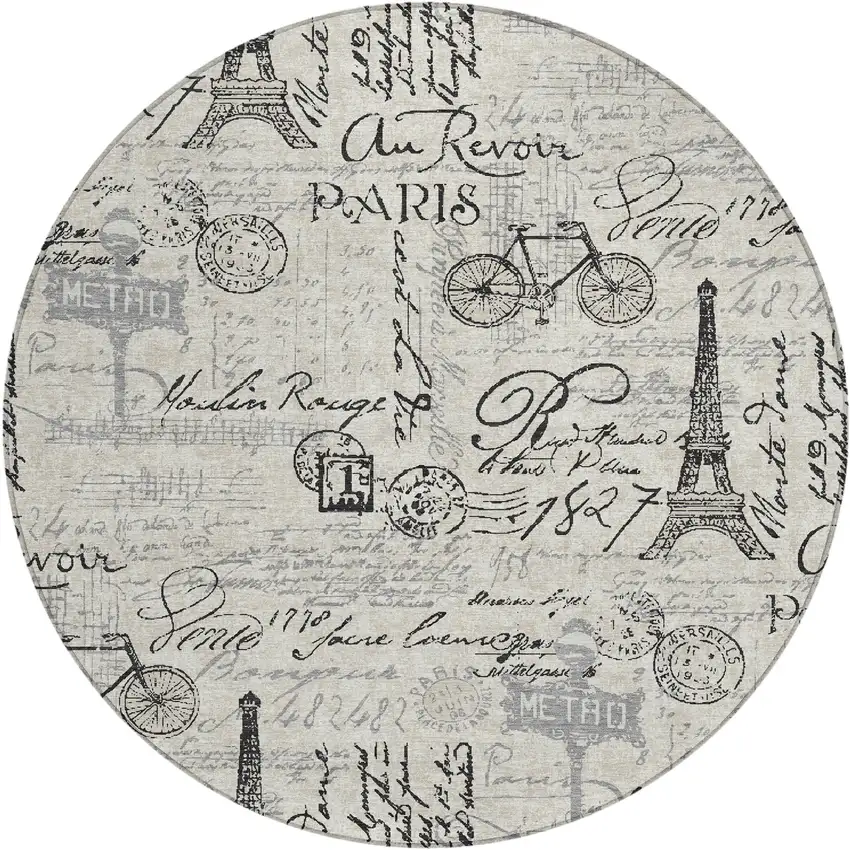 8' Beige Gray And Charcoal Round Toile Washable Indoor Outdoor Area Rug Photo 1