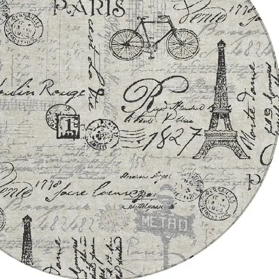 8' Beige Gray And Charcoal Round Toile Washable Indoor Outdoor Area Rug Photo 6