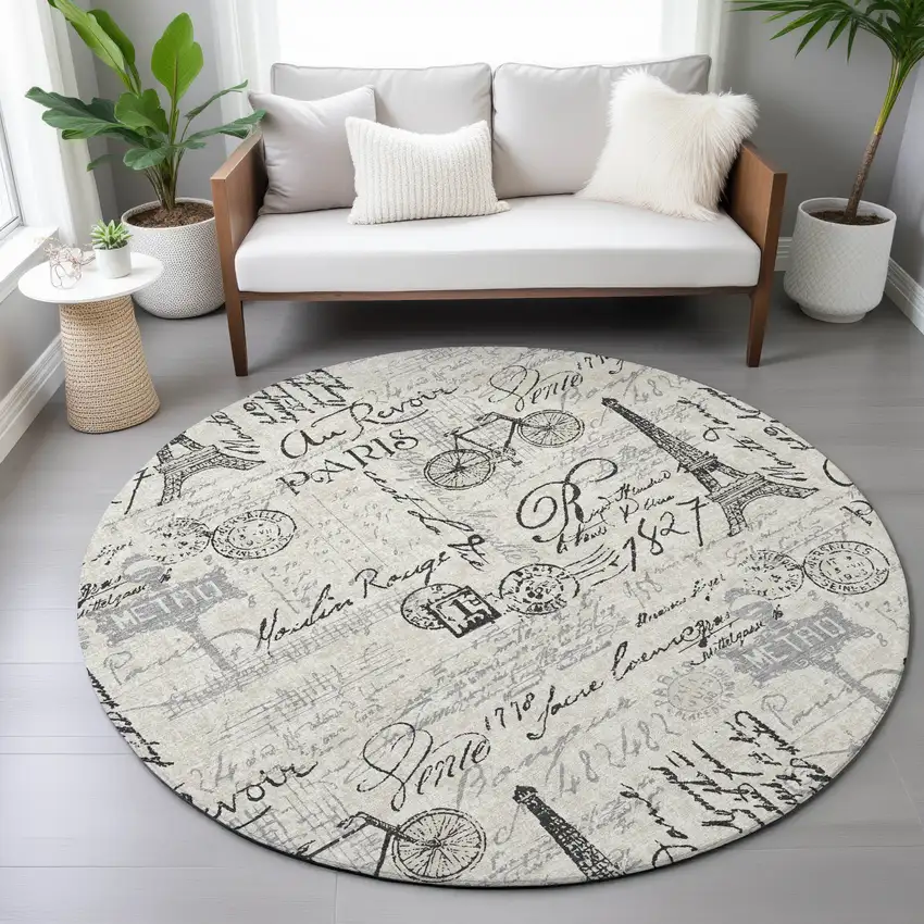 8' Beige Gray And Charcoal Round Toile Washable Indoor Outdoor Area Rug Photo 7