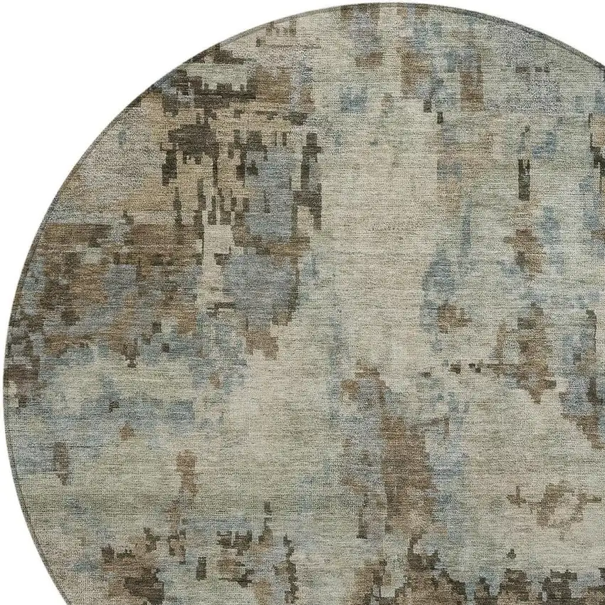 8' Beige Gray And Chocolate Round Abstract Washable Indoor Outdoor Area Rug Photo 2