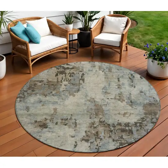 8' Beige Gray And Chocolate Round Abstract Washable Indoor Outdoor Area Rug Photo 1