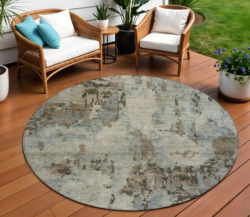 8' Beige Gray And Chocolate Round Abstract Washable Indoor Outdoor Area Rug Photo 1