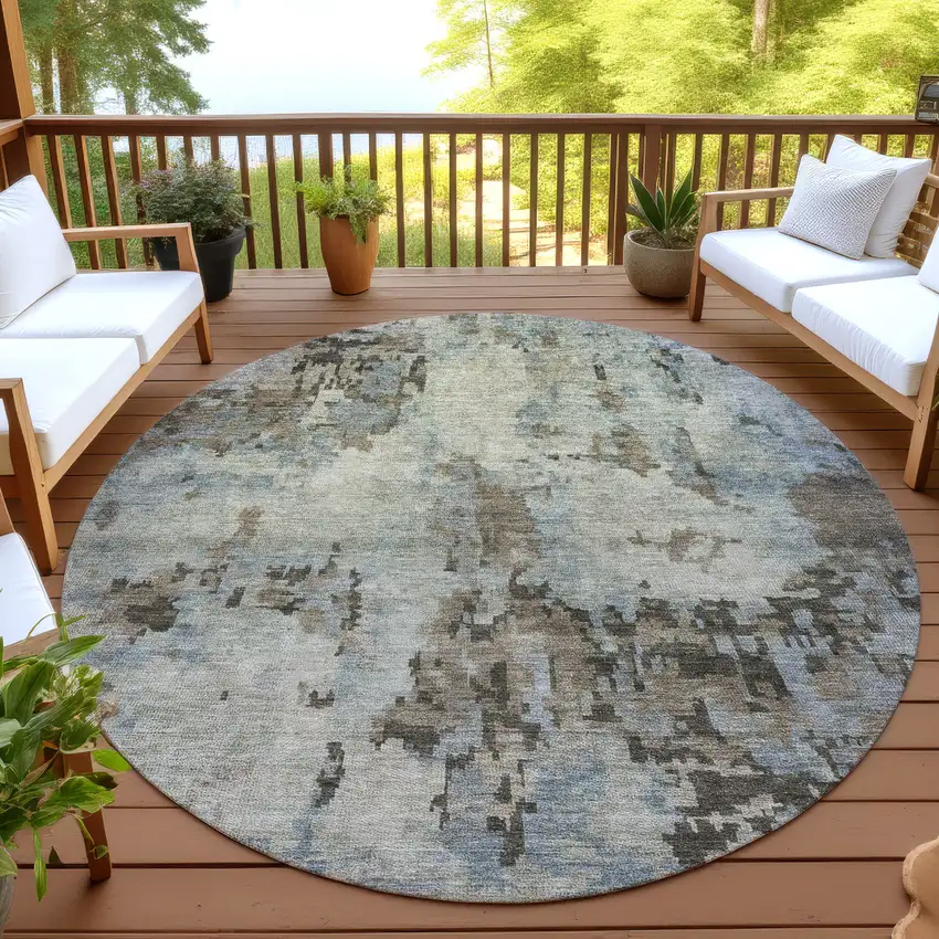 8' Beige Gray And Chocolate Round Abstract Washable Indoor Outdoor Area Rug Photo 4