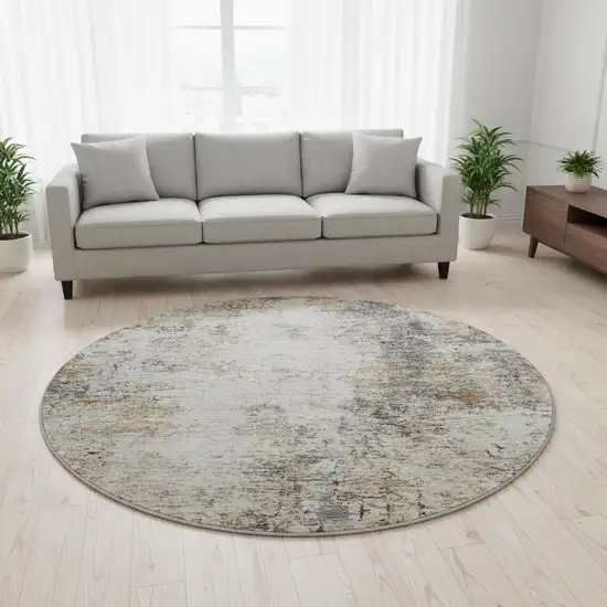 8' Beige Gray And Copper Abstract Washable Round Rug With UV Protection Photo 2