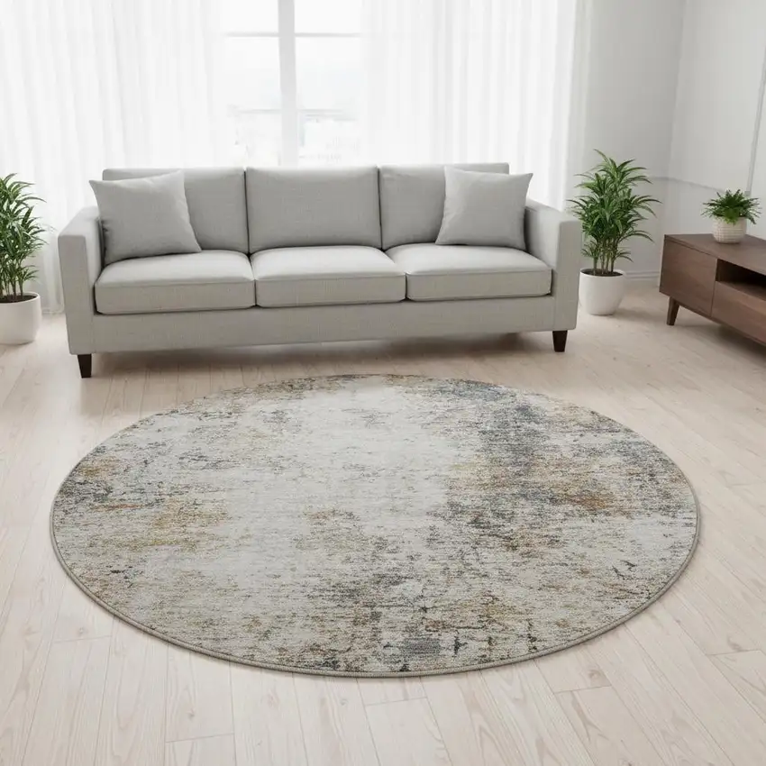 8' Beige Gray And Copper Abstract Washable Round Rug With UV Protection Photo 2