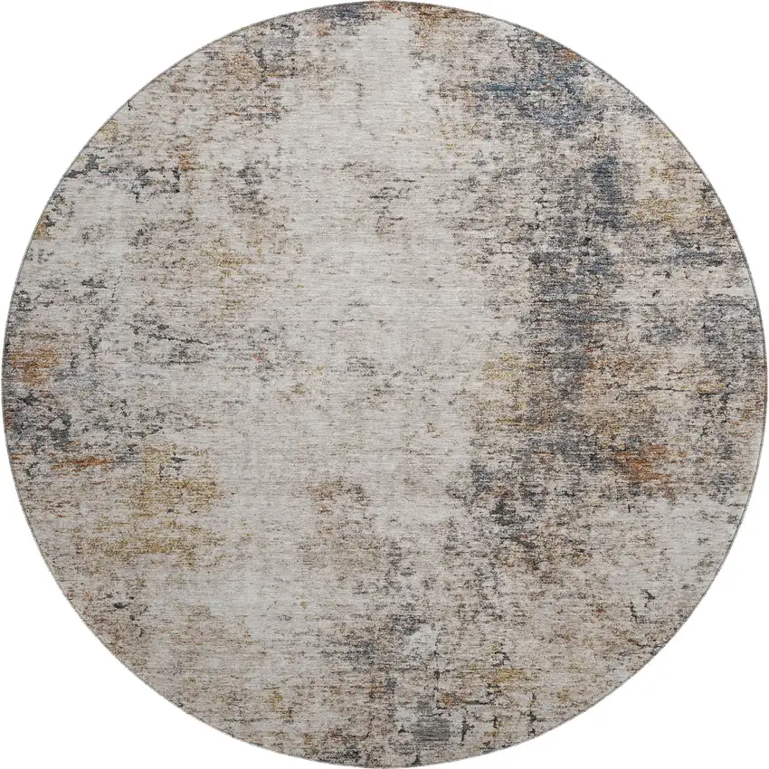 8' Beige Gray And Copper Abstract Washable Round Rug With UV Protection Photo 1
