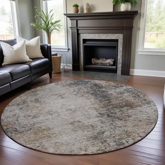 8' Beige Gray And Copper Abstract Washable Round Rug With UV Protection Photo 4