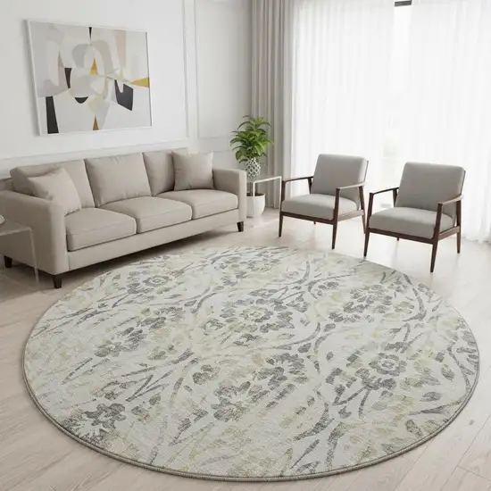 8' Beige Gray And Gold Floral Washable Round Rug With UV Protection Photo 2